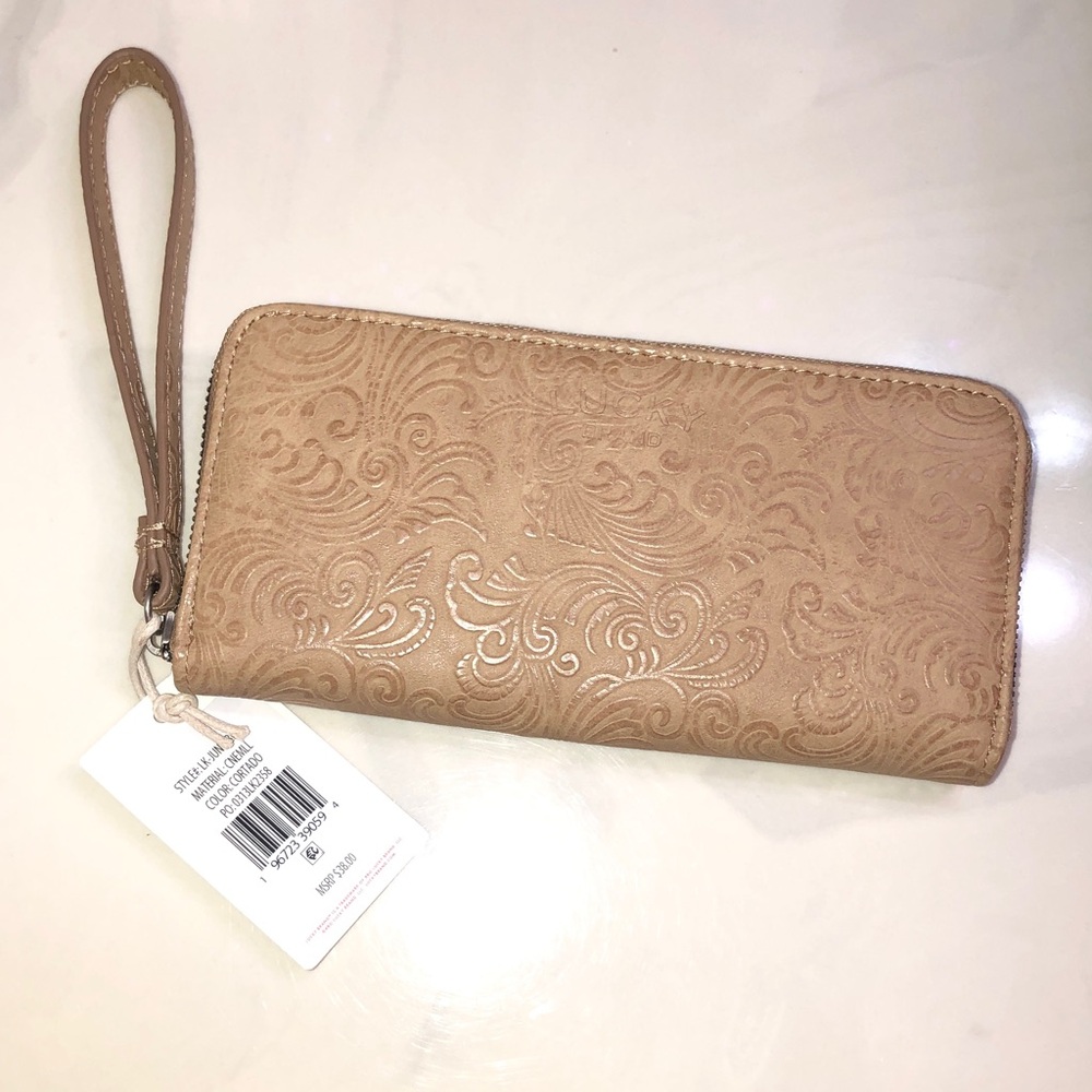 Lucky Brand Western Floral Embossed ZA Wallet Color Cortado + Wrist Strap NWT